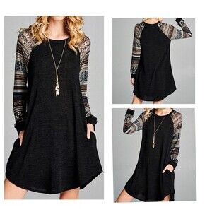 Black and pink long print sleeves sweater dress with pockets size medium